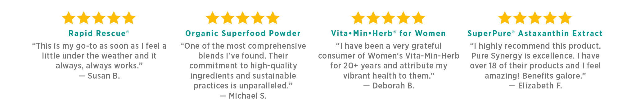 5-Star Reviews: “This is my go-to as soon as I feel a little under the weather and it always, always works.” – Susan B. | Rapid Rescue®. “One of the most comprehensive blends I've found. Their commitment to high-quality ingredients and sustainable practices is unparalleled.” – Micheal S. | Organic Superfood Powder. I have been a very grateful consumer of Women's Vita-Min-Herb for 20+ years and attribute my vibrant health to them. – Deborah B. | Vita•Min•Herb® for Women. I highly recommend this product. Pure Synergy is excellence. I have over 18 of their products and I feel amazing! Benefits galore. – Elizabeth F. | SuperPure® Astaxanthin Extract