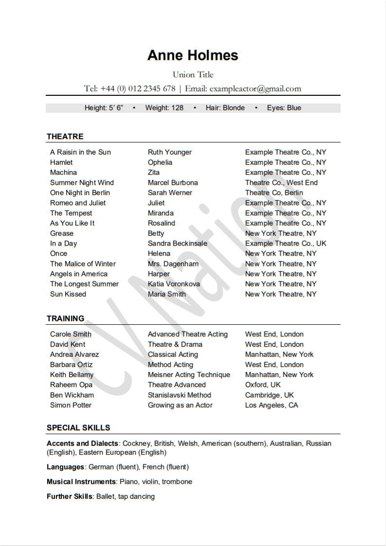 22 Acting Resume Examples (+ Resume Writing Guide) – CV Nation With Regard To Theatrical Resume Template Word