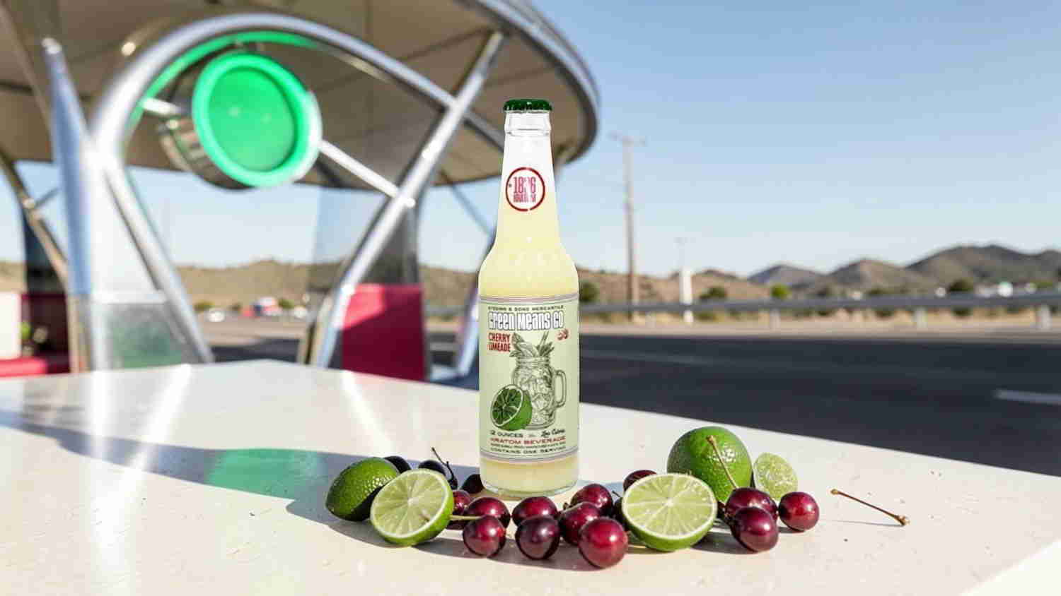 A bottle of drink surrounded by limes and cherries on a table.
