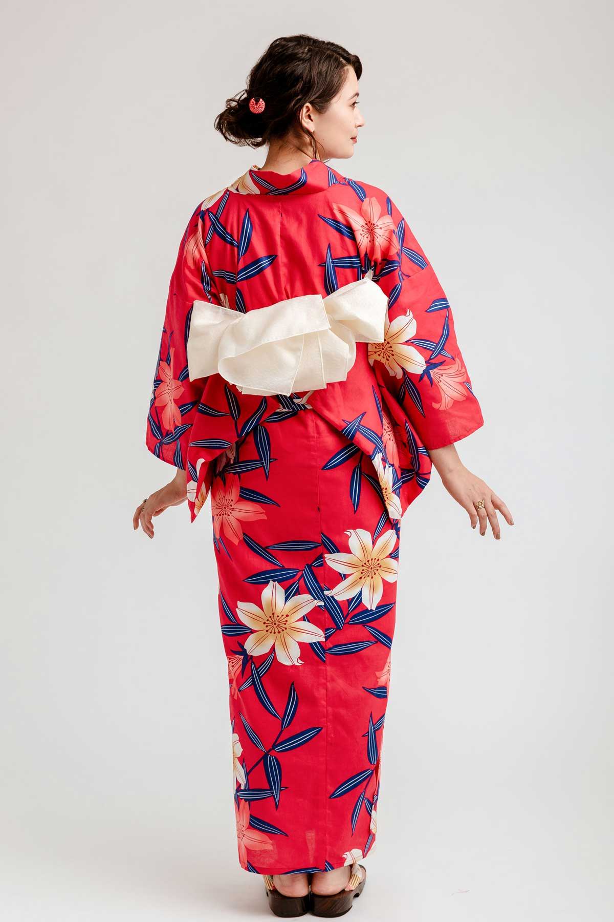 Red Women's Kimono Yukata Gown Japanese Floral Robe Haori Dress with Obi 