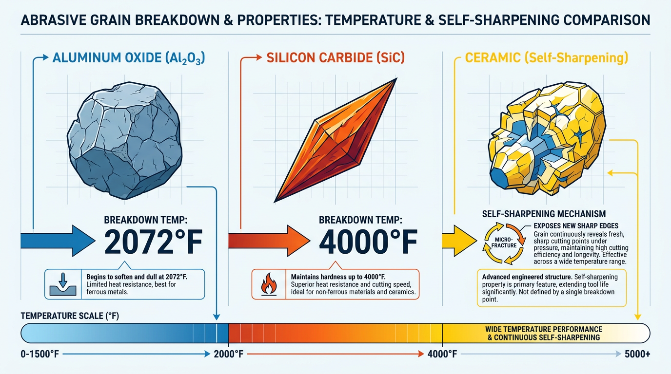 Infographic comparing abrasive grain breakdown temperatures: aluminum oxide at 2,072°F, silicon carbide at 4,000°F, and ceramic self-sharpening properties