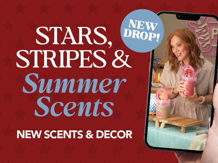 Promotional image for summer scents and decor featuring a woman holding a product.