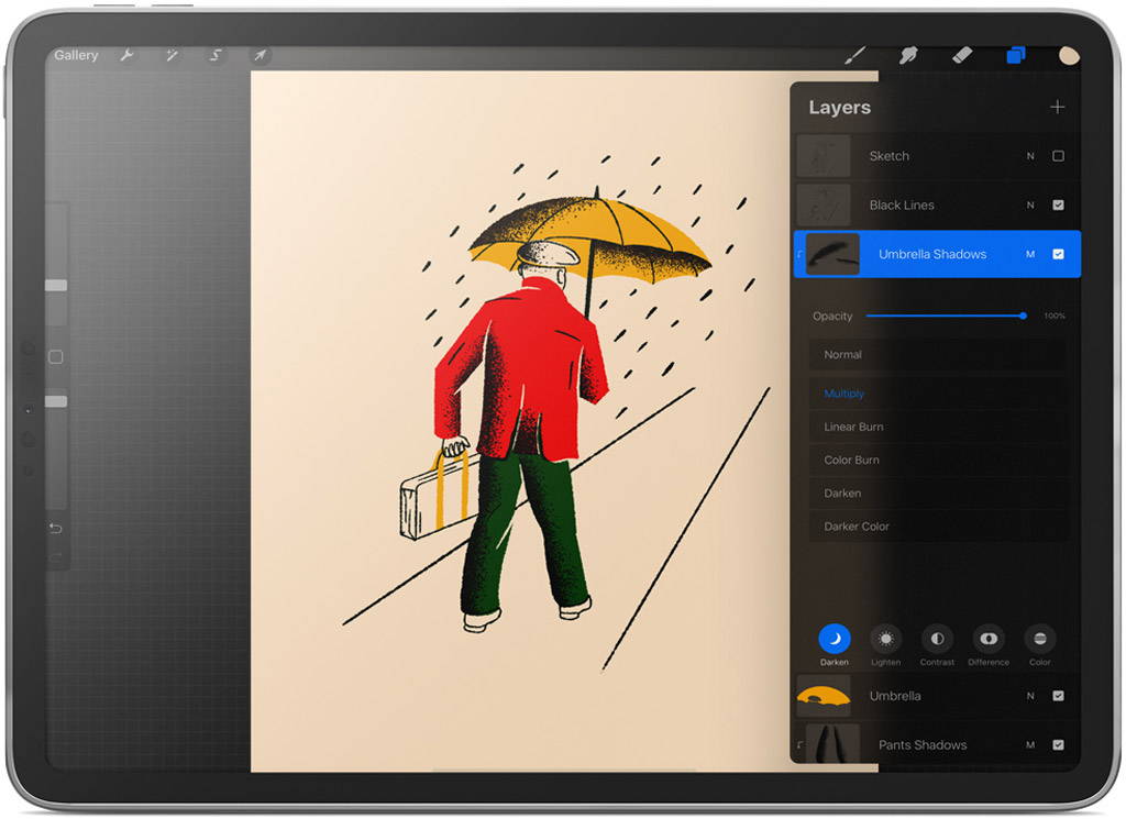 Umbrella shadows layer selected in Layers panel in Procreate on an iPad