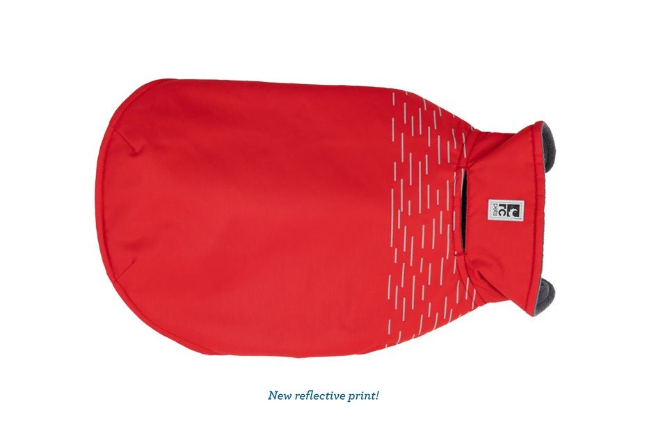 Red dog jacket with a patterned design and adjustable straps.