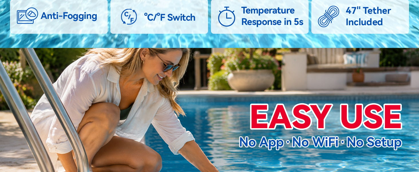 Woman in pool checking features of a swimming pool product. Text: 