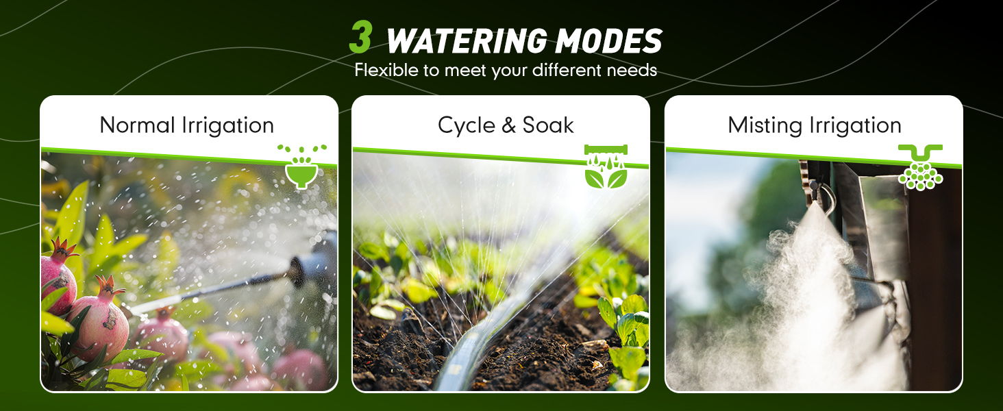 Three watering modes: Normal, Cycle & Soak, and Mist.