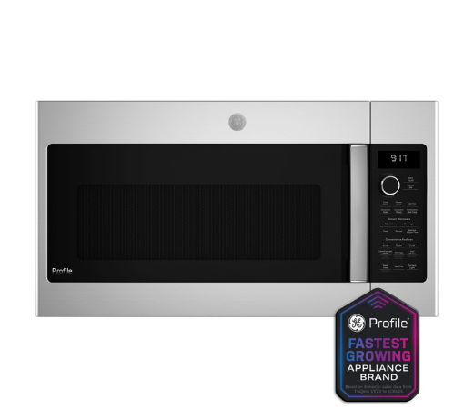 Silver microwave oven with front display and logo badge.