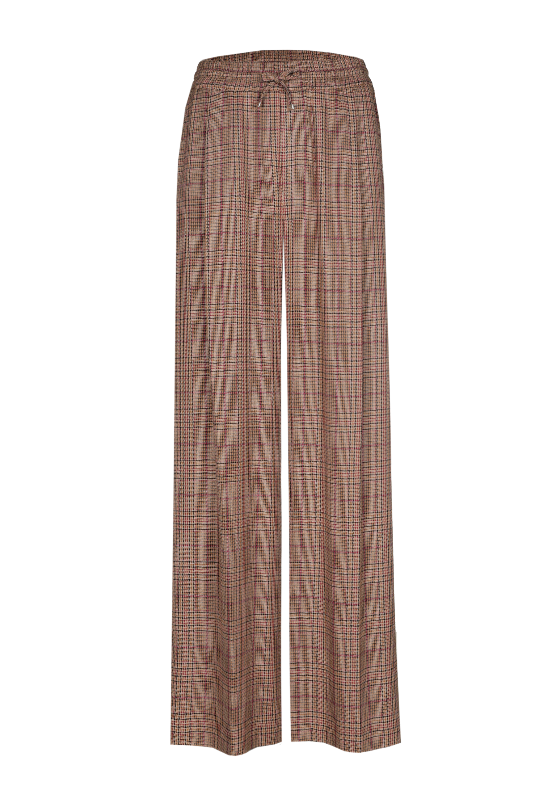 Brown plaid wide-leg pants with an elastic waistband.