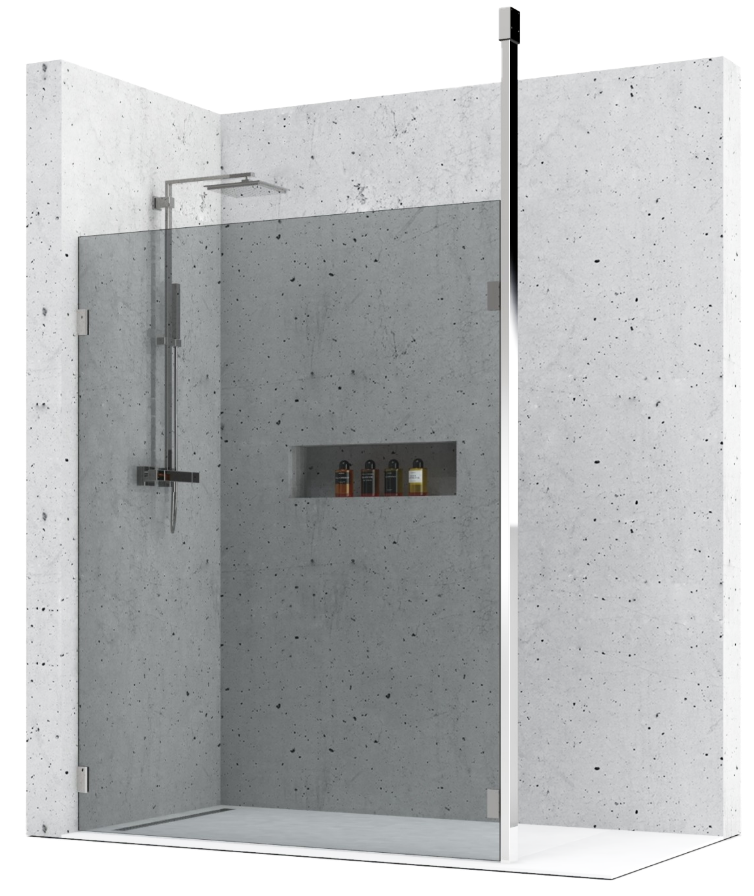 Eine freistehende Walk-In Dusche mit Chrom-Halterung