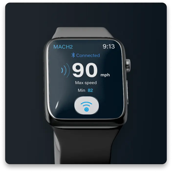 Smartwatch display showing speed of 90 mph and connection status.