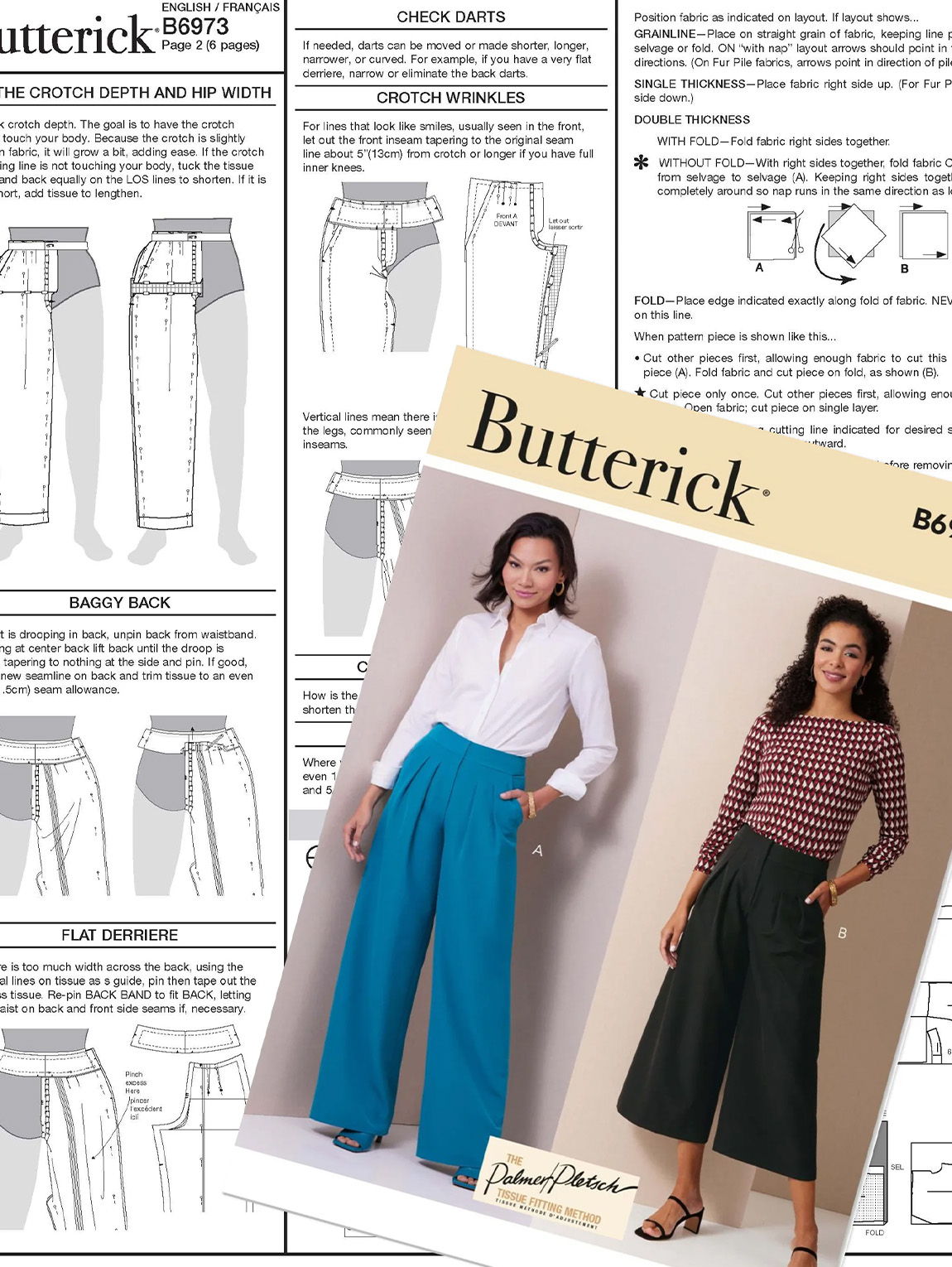 Butterick sewing pattern with two women modeling different styles of pants.