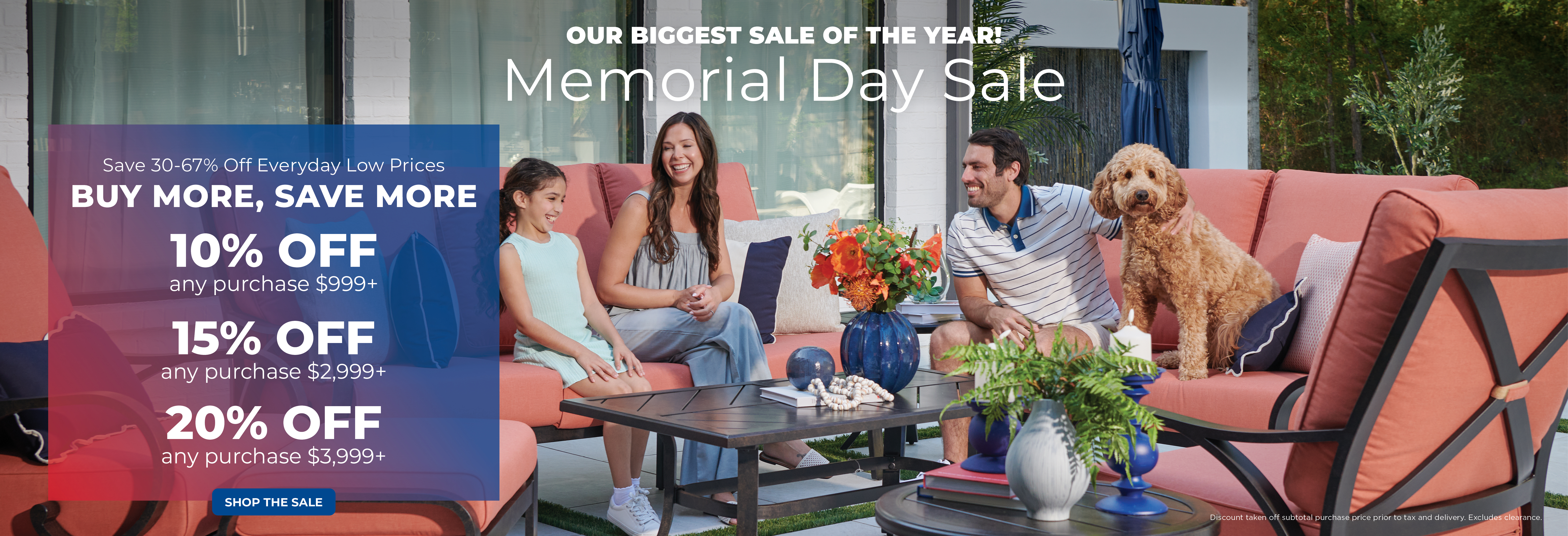 Group of people relaxing outdoors with a dog, promoting a sale.
