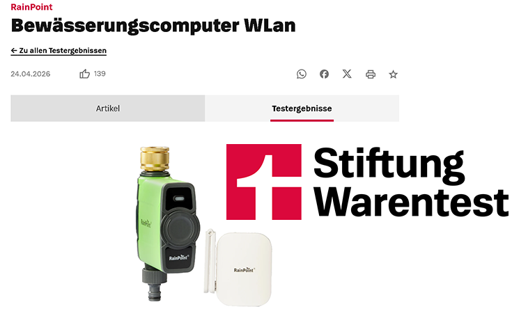 Irrigation computer with WLAN functionality and Stiftung Warentest logo.