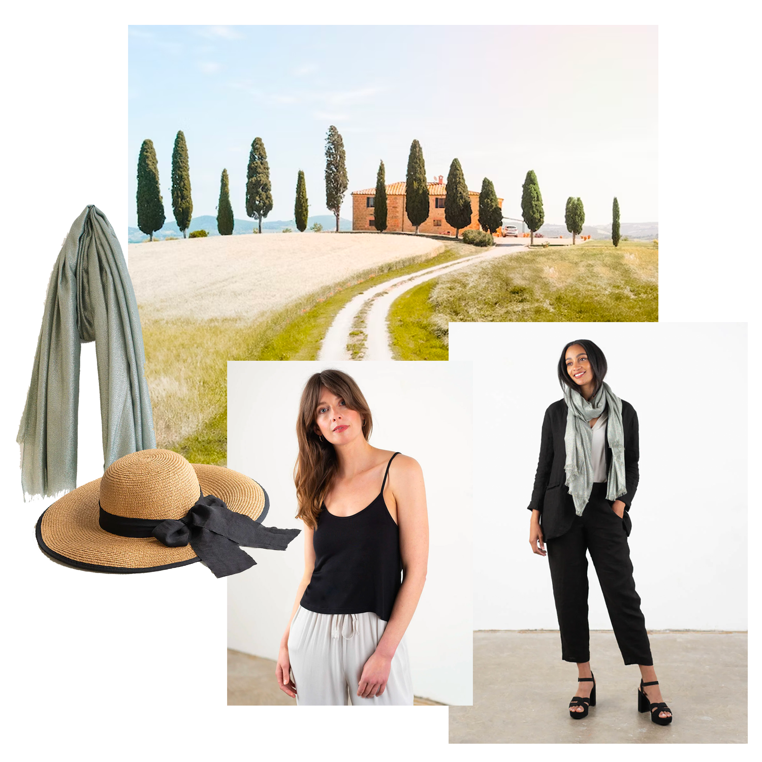 A collage of images featuring a tuscany villa landscape, metallic scarf, round straw hat, a model wearing a black strapped vest and a model wearing a metallic scarf, black linen suit co-ord, white top and black heels. 