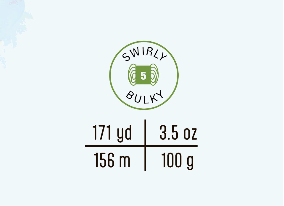Label for Swirly Bulky yarn with yardage and weight information.