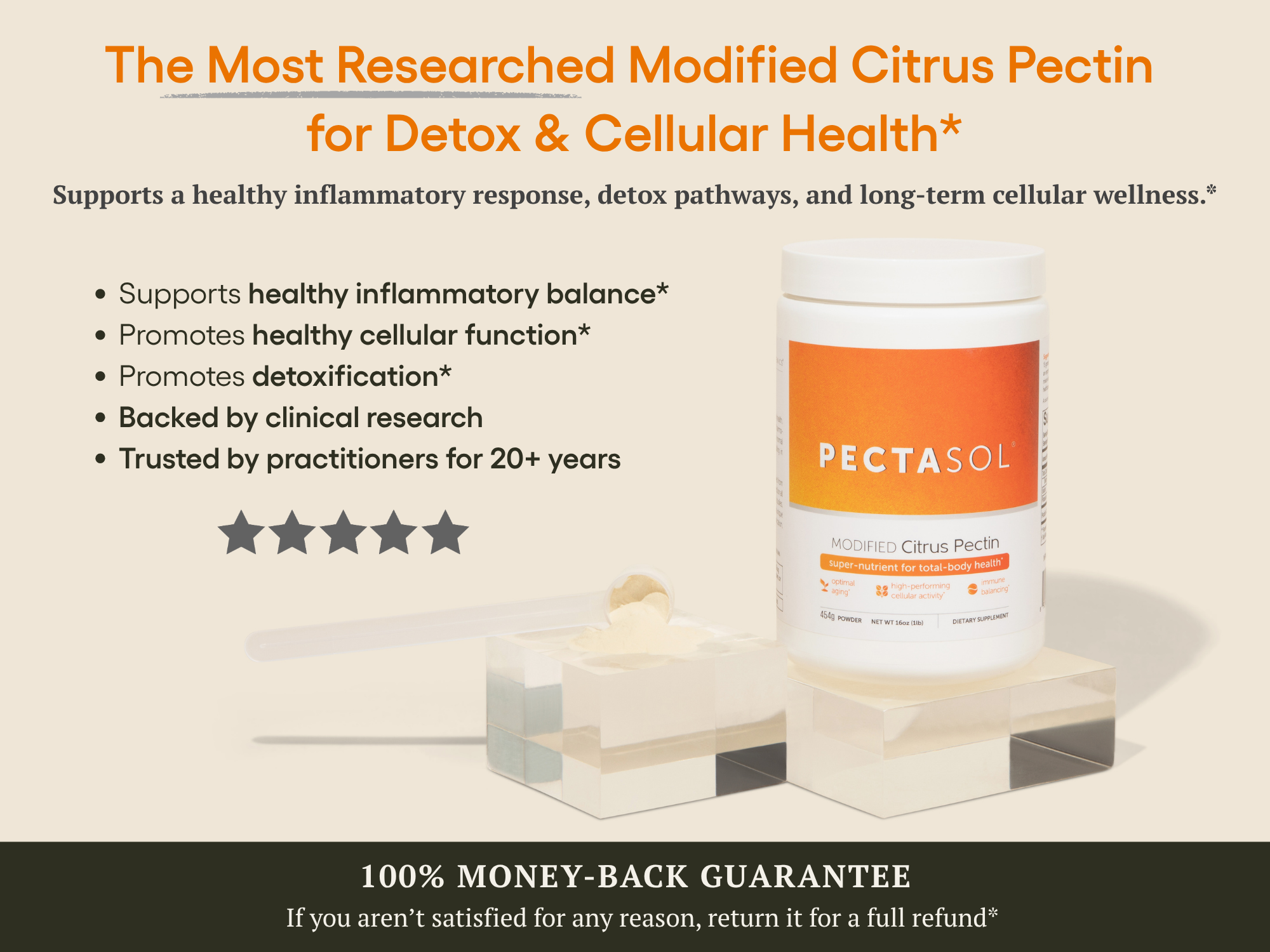 Product advertisement for modified citrus pectin supporting detox and cellular health.