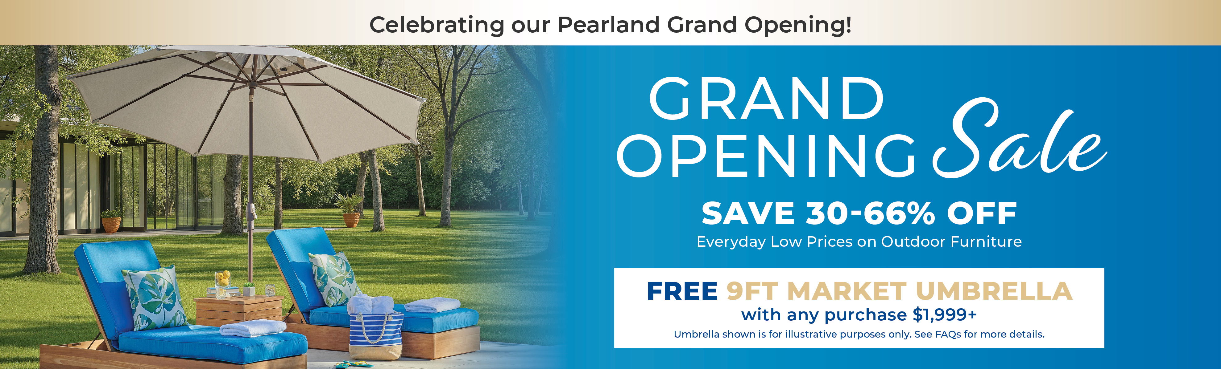Grand opening sale banner with outdoor furniture and discount details.