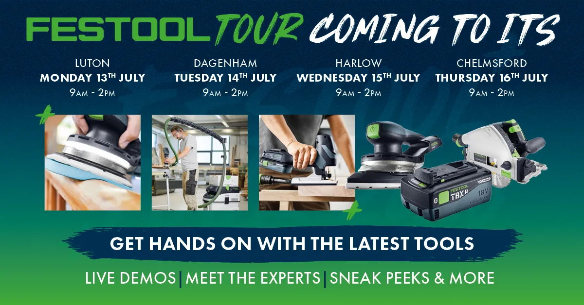 Festool Tour event dates and activities with images of tools.