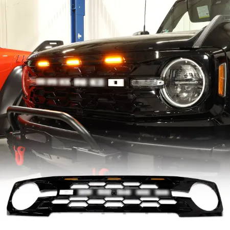 IAG I-Line Para-Hex Style Front Grille Gloss Black with Lights 2021+ Ford Bronco
