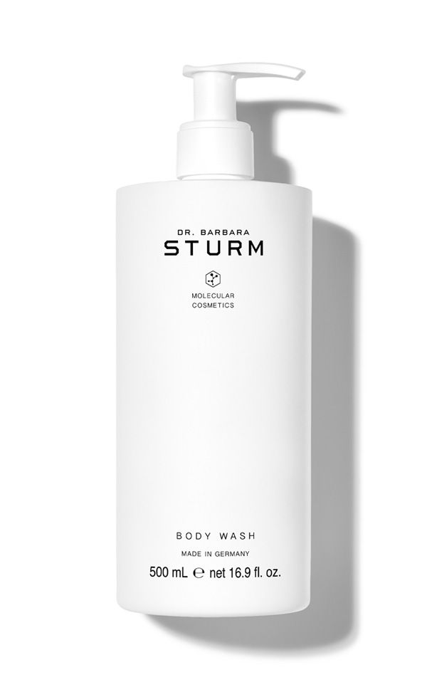A bottle of Dr. Barbara Sturm body wash with a pump dispenser.