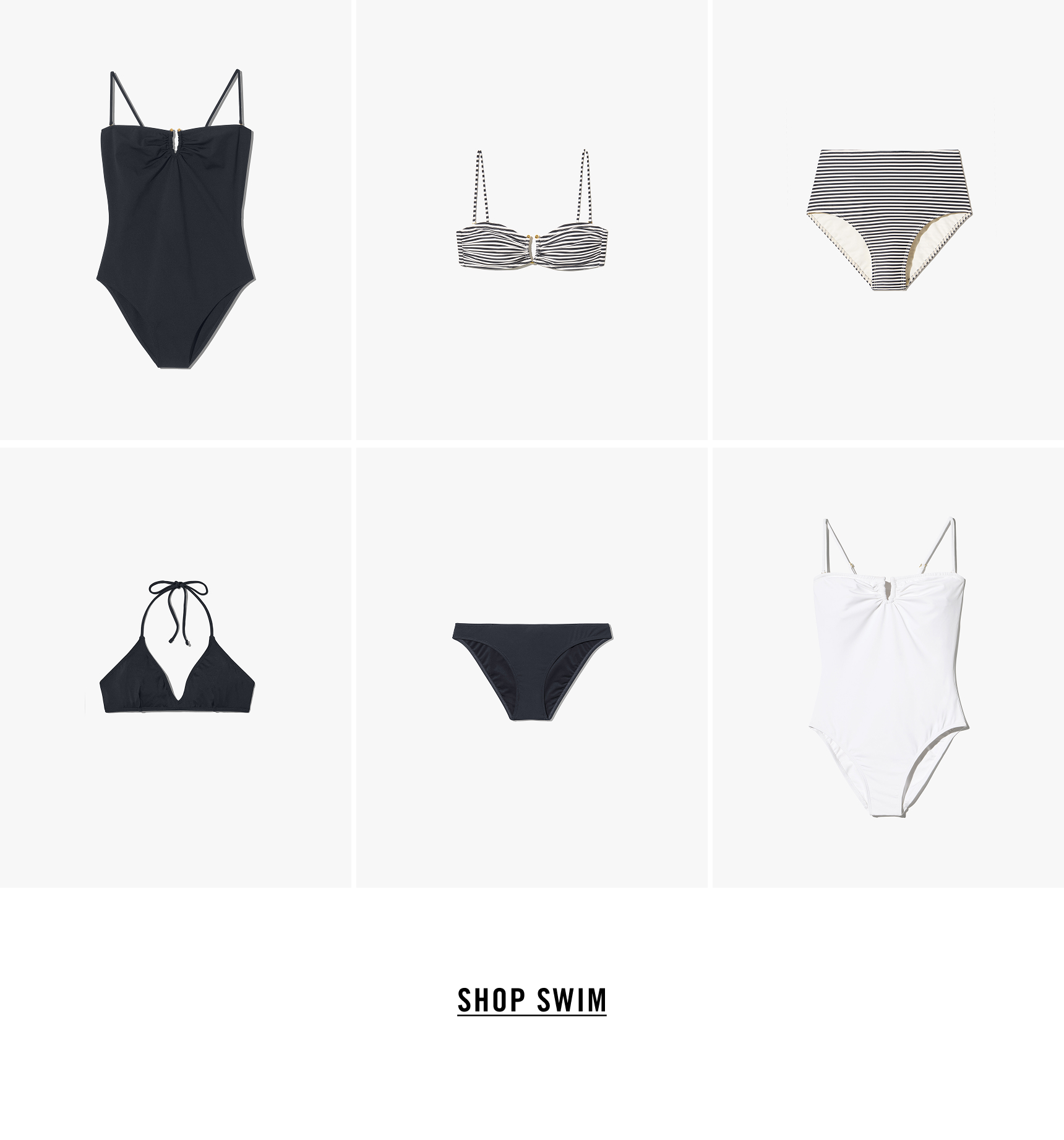 Swimwear collection featuring various styles of swimsuits and bikinis.