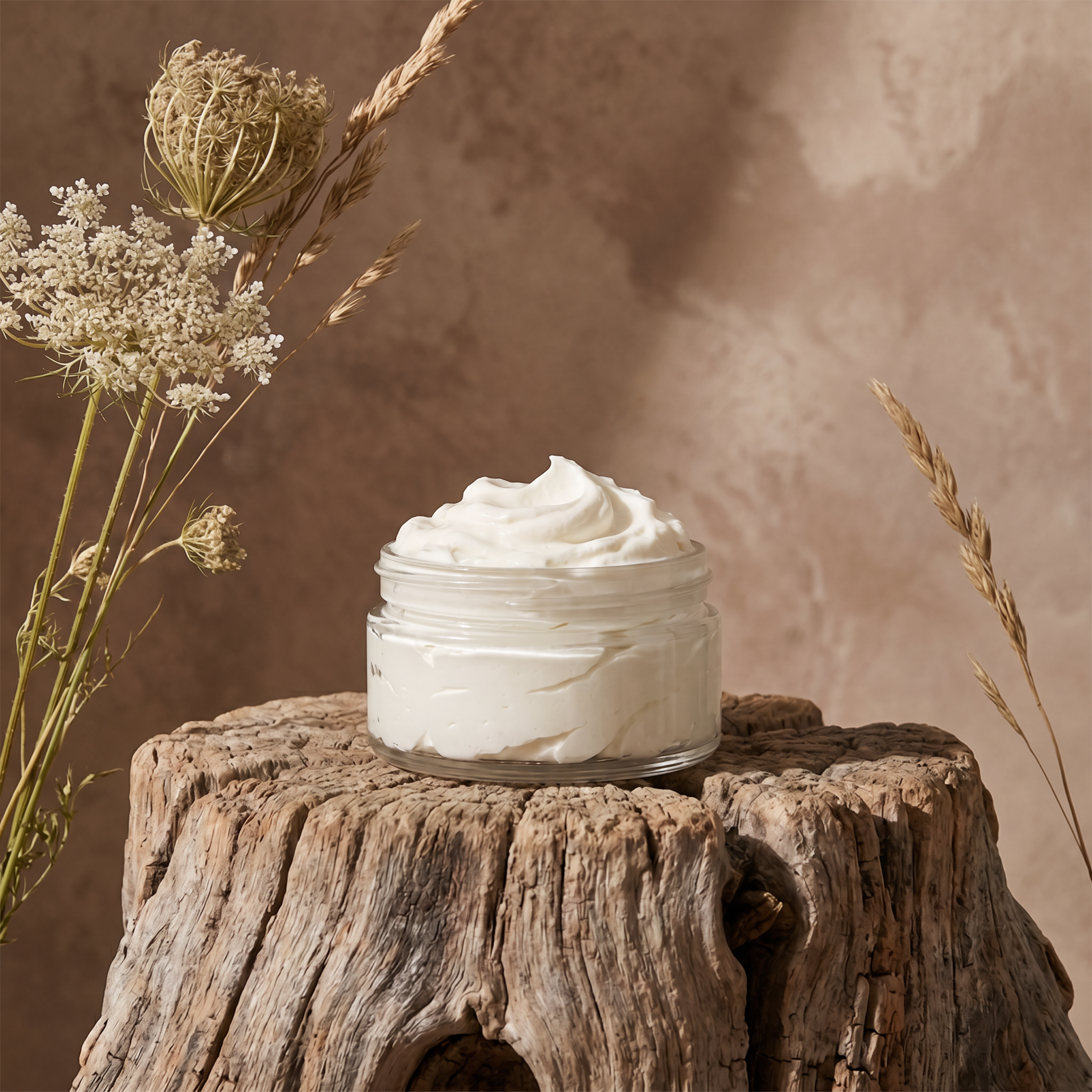 A jar of cream on a wooden stump with dried flowers.