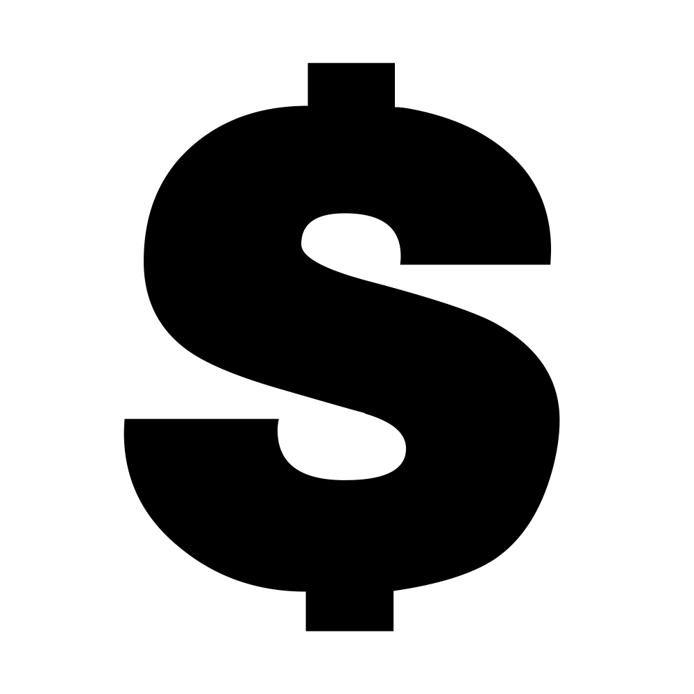 A minimalist black and white illustration of a dollar sign.