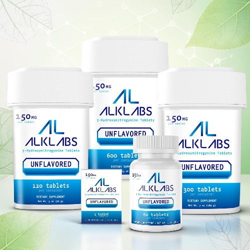 Bottles of ALKLABS unflavored tablets on a light green background.