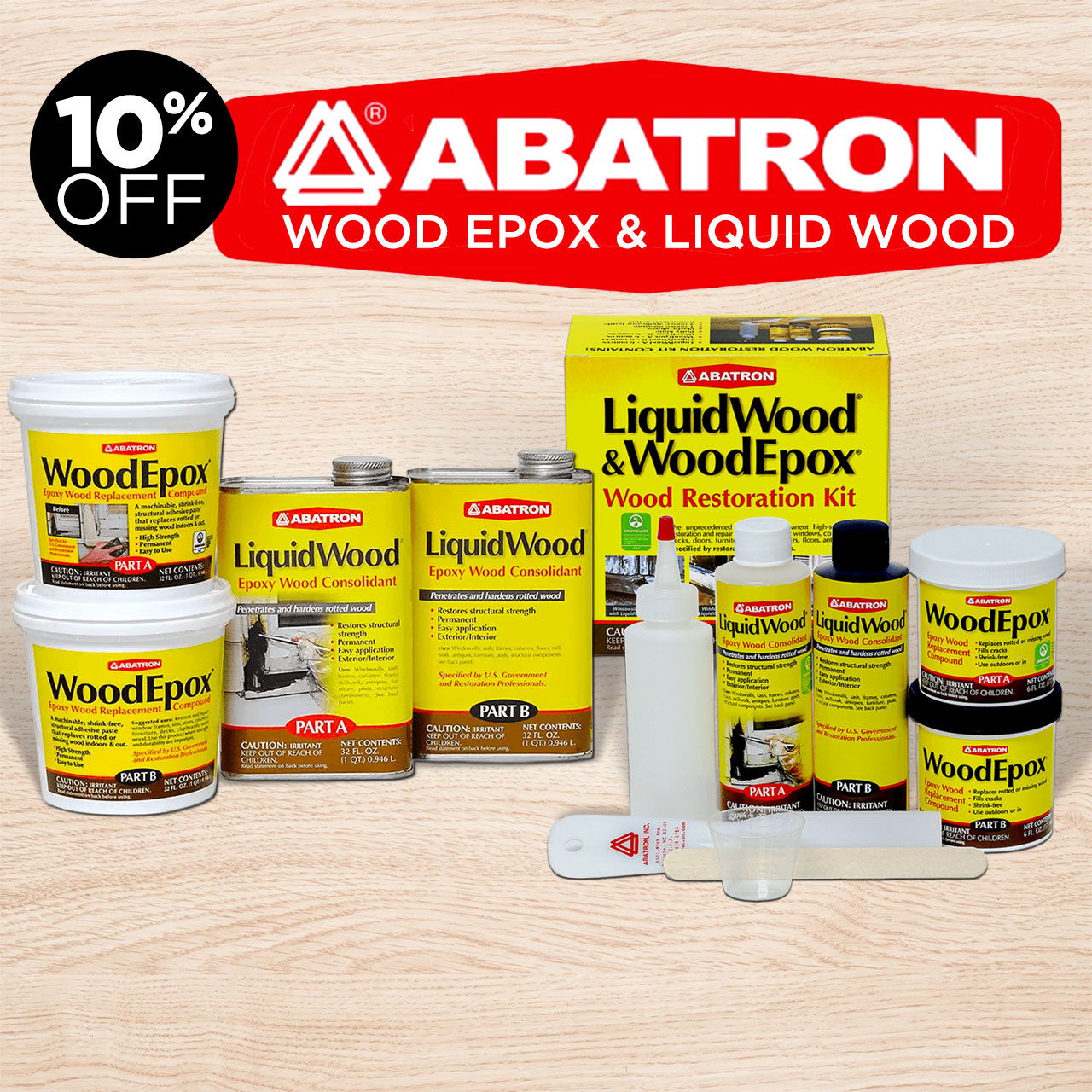 Abatron wood epoxy and liquid wood products with a 10% off promotion.