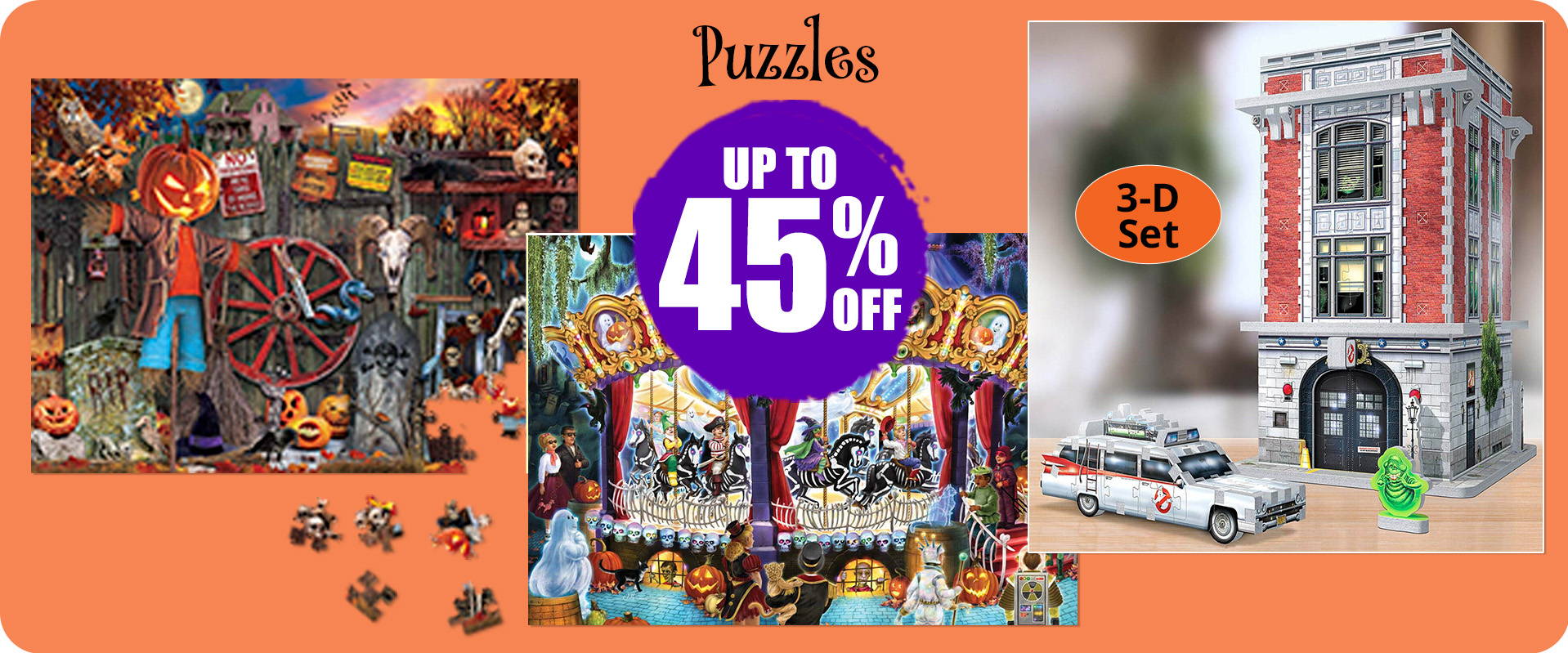 Puzzles up to 20% off. Image: Wrebbit Ghostbusters 3D Puzzle and featured Halloween puzzles.