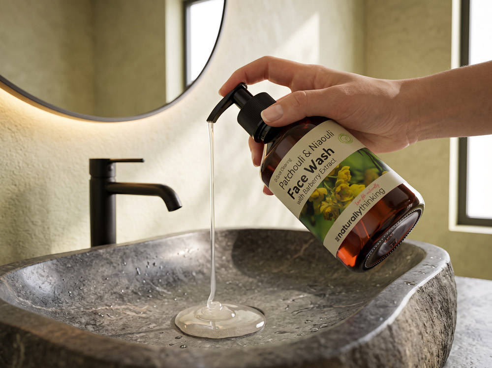 Hand dispensing liquid soap into a stone sink with a mirror in the background.