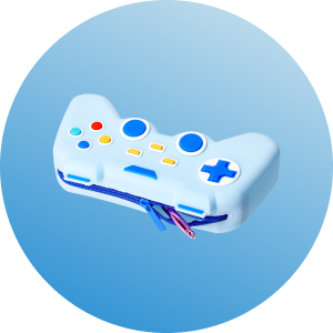 Blue video game controller on a circular gradient background.