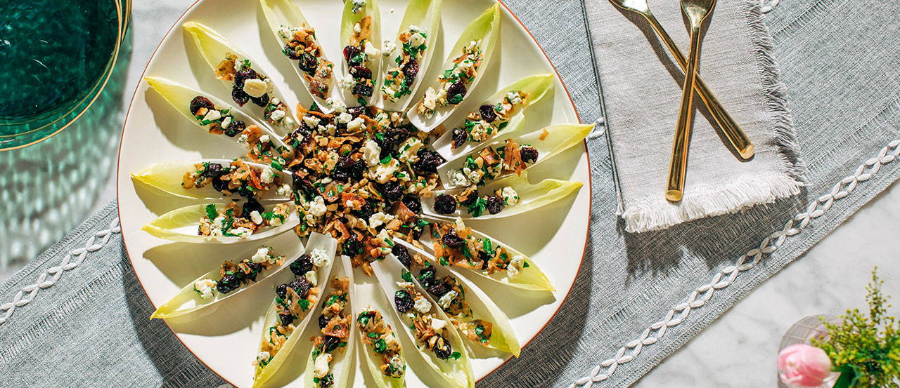 Endive Salad Cups with Blue Cheese and Toasted Walnuts and Pancetta