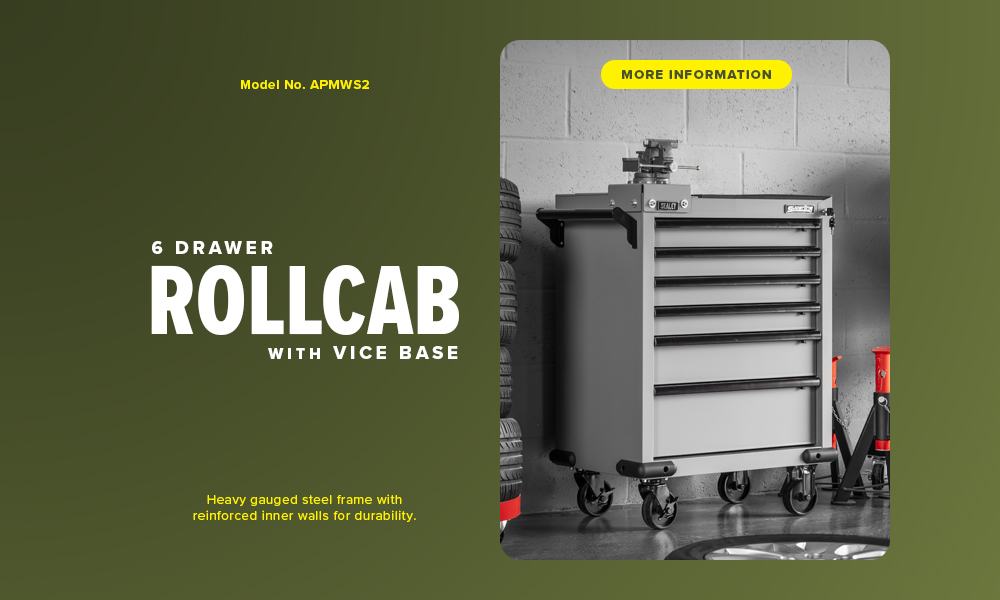 A tool storage cabinet with wheels and a vice bench.