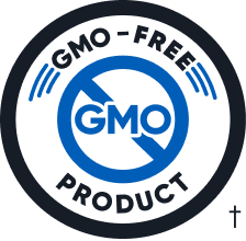 GMO-free product logo with a crossed-out GMO symbol.