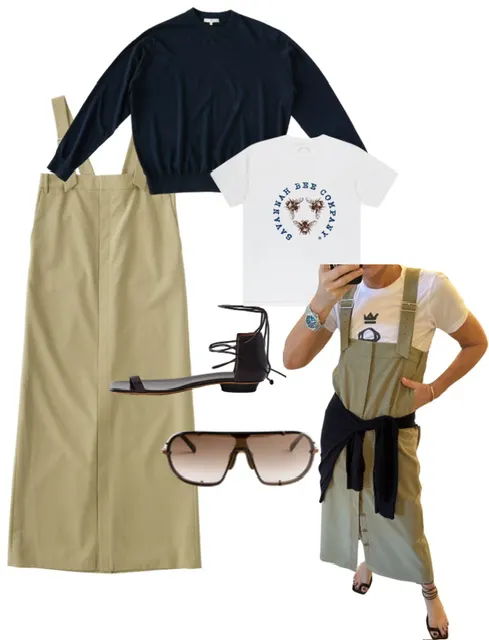 Fashion collage featuring clothing and accessories: top, pants, sandals, sunglasses.