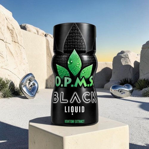 Bottle of O.P.M.S. Black liquid extract in a rocky landscape.
