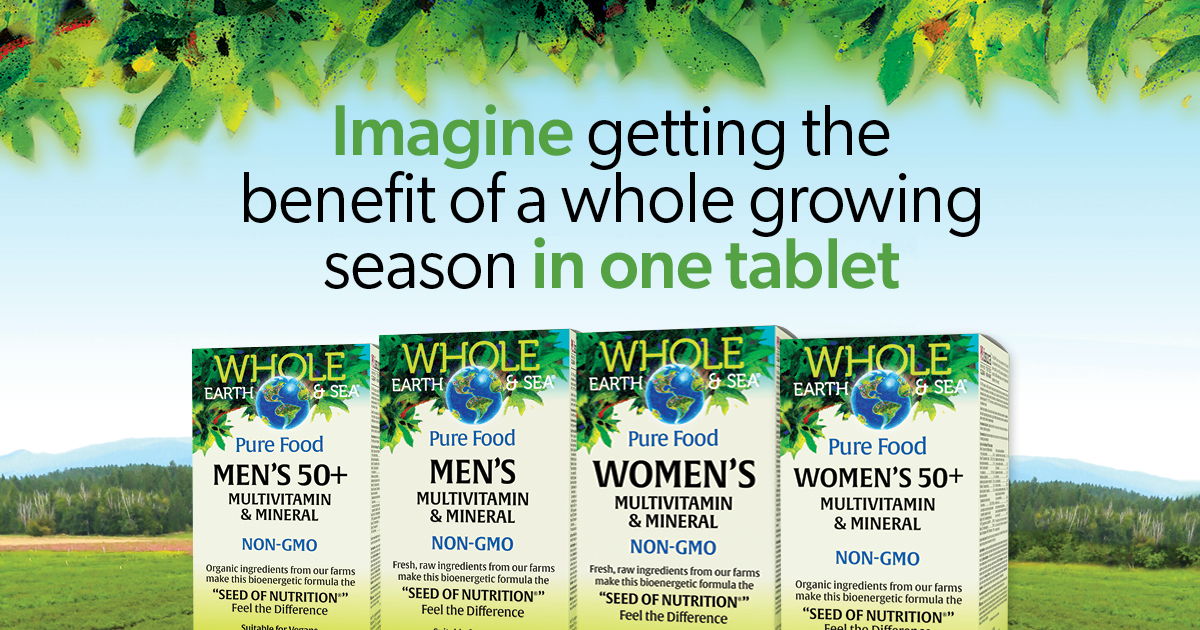 Boxes of supplements with greenery and text about benefits in one tablet.
