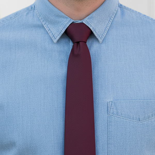Closeup of a man wearing a burgundy tie with a chambray shirt