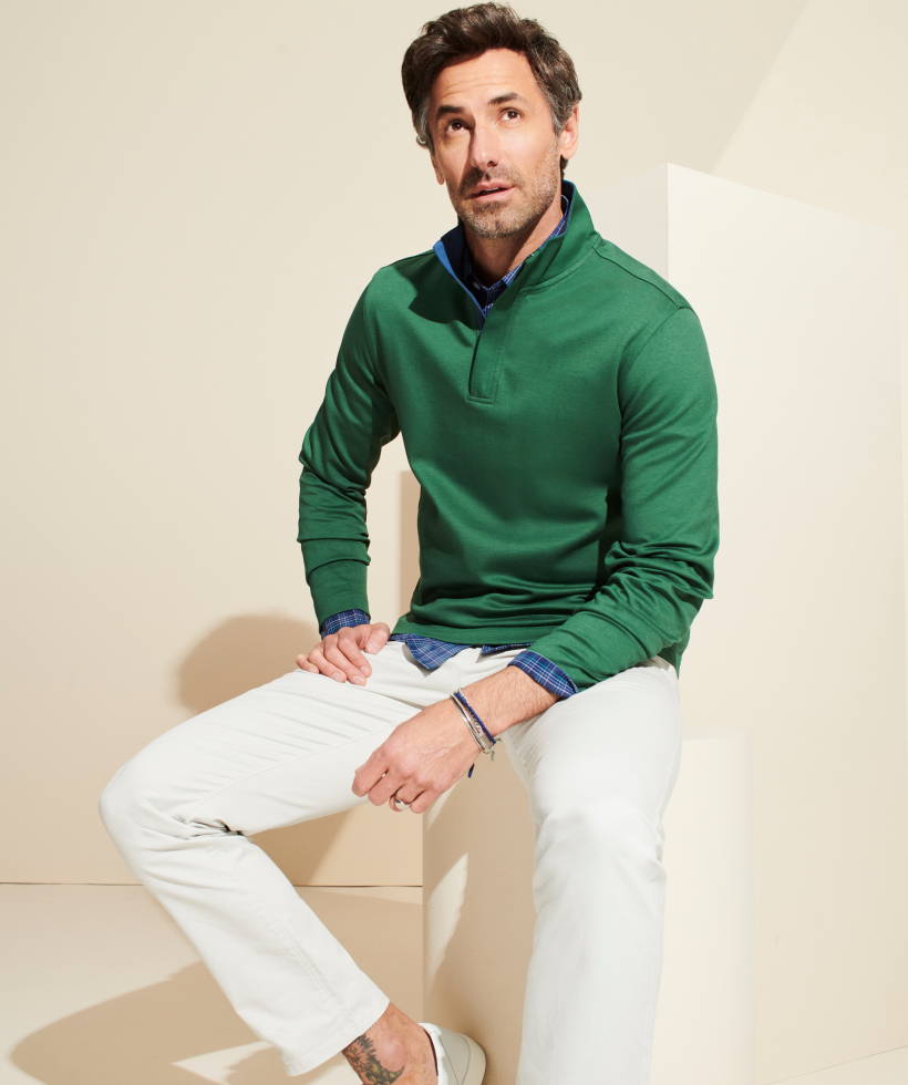 Model wearing UNTUCKit Green Quarter-zip Pullover sweatshirt