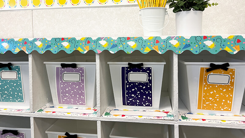 Book bins in classroom  shelves using  Notebook Cutout accents as labels.