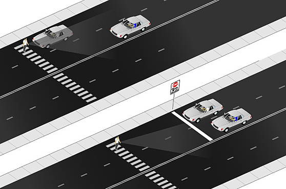 Cars stopping at different locations near crosswalk