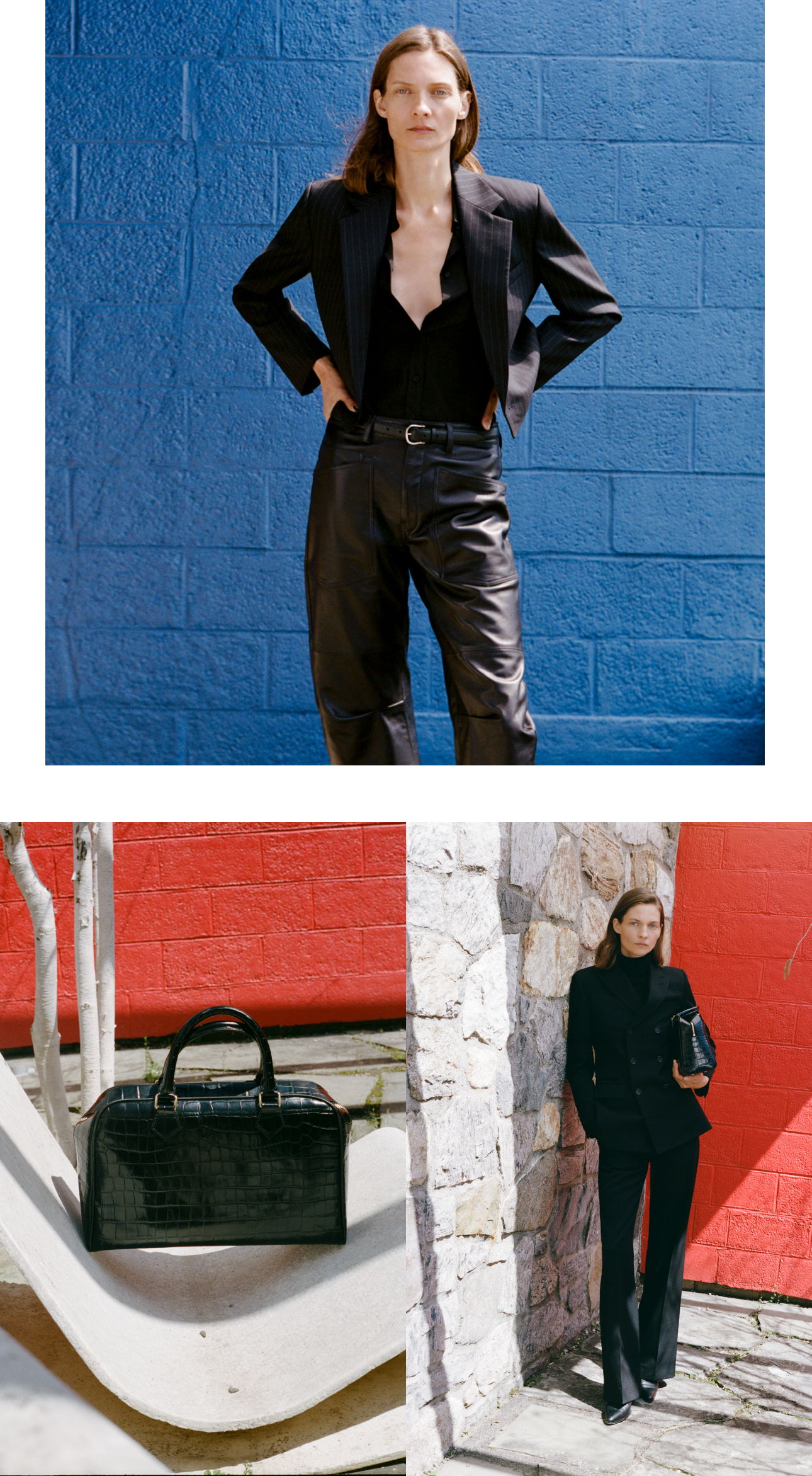 Fashion model in stylish outfits against colorful backgrounds with a handbag featured.