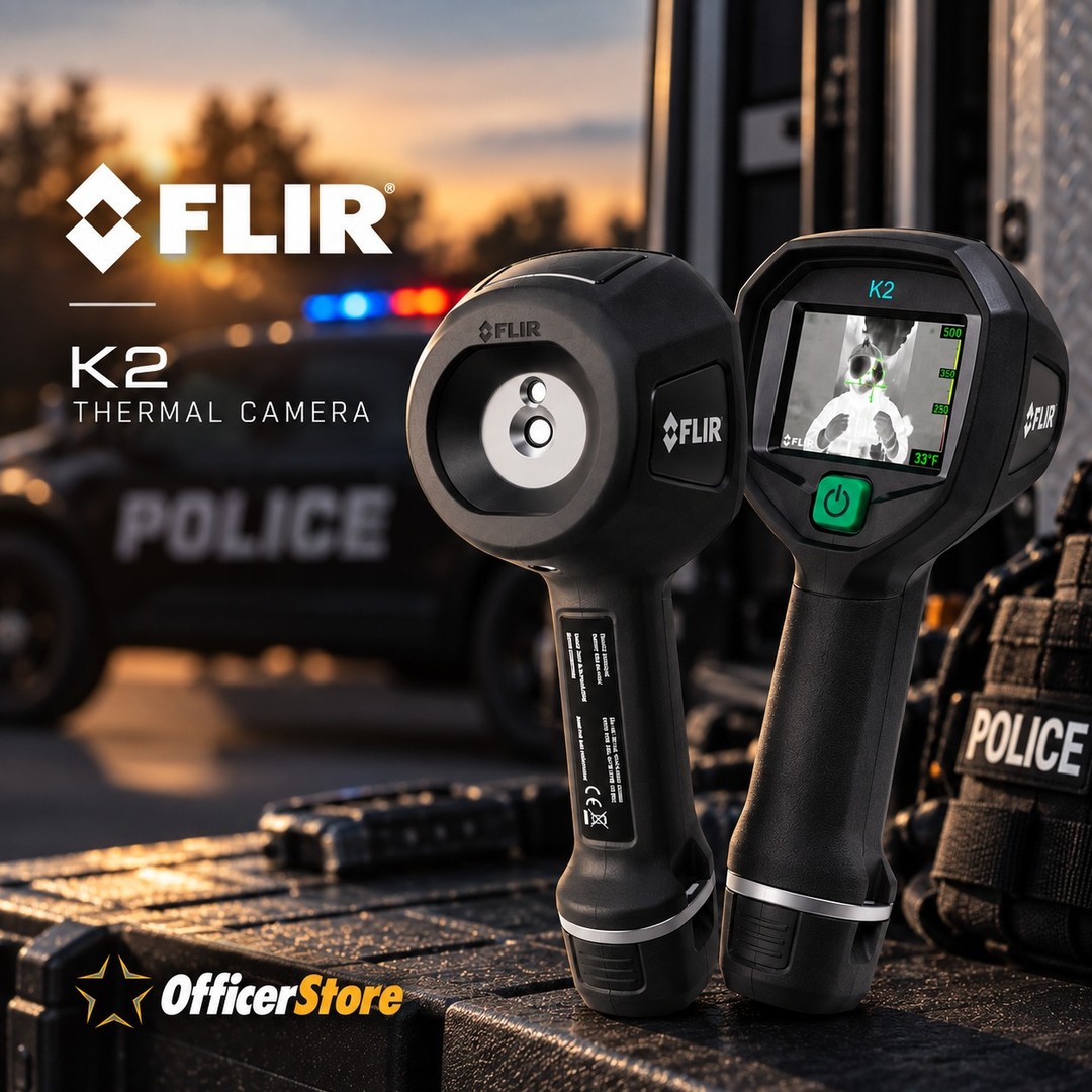 FLIR K2 thermal camera displayed with police vehicle in the background.
