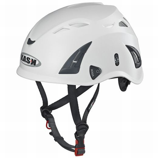 White safety helmet with adjustable straps and ventilation holes.