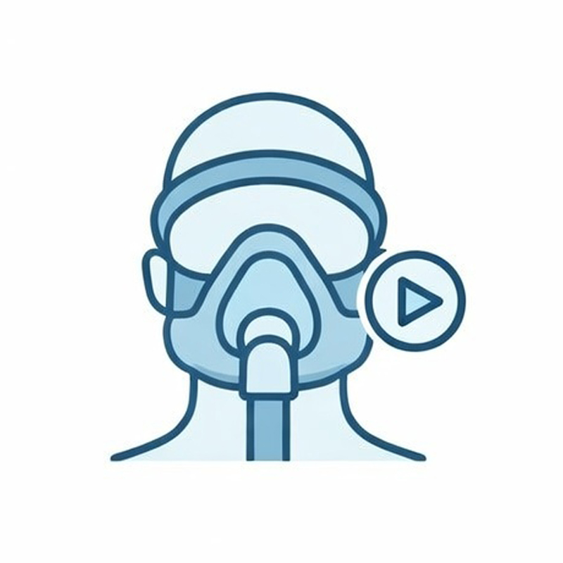 Person wearing a respiratory mask with a play button icon.
