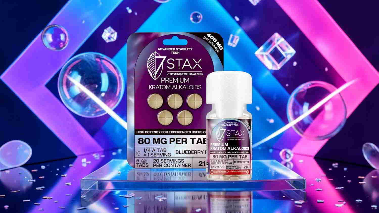 Product packaging with pills against a colorful, geometric background.