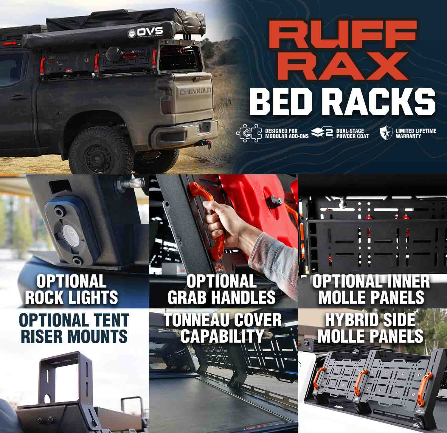 Ruff Rax bed racks with optional features and accessories for trucks.