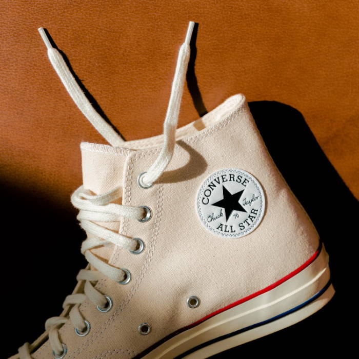closeup of converse logo on white converse
