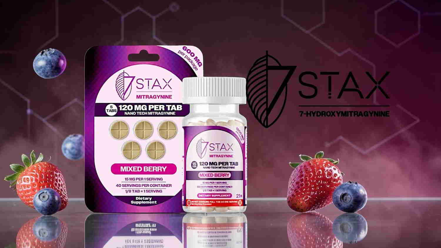 STAX dietary supplement packaging with berries in a colorful background.